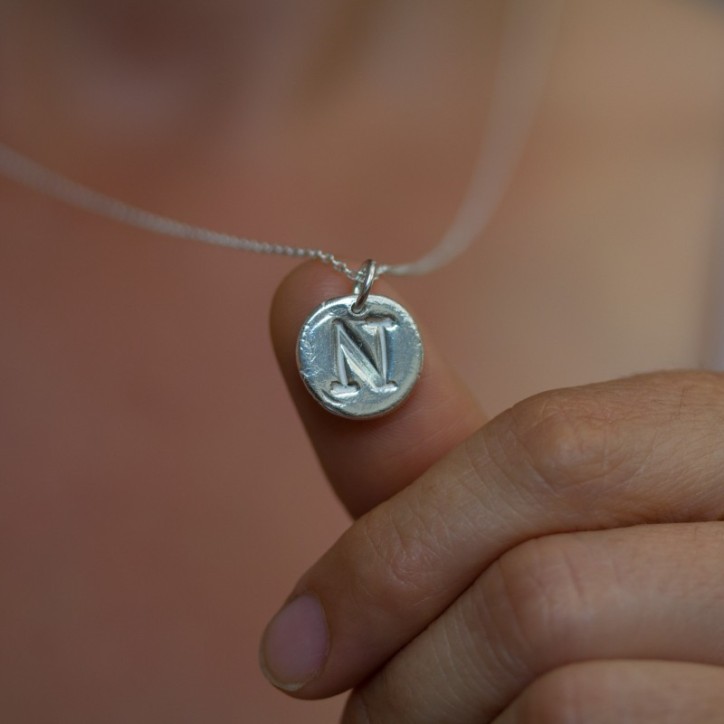 Initial necklace with a typewriter font initial, fine silver, uppercase Initial necklace with a typewriter font initial, fine silver, uppercase