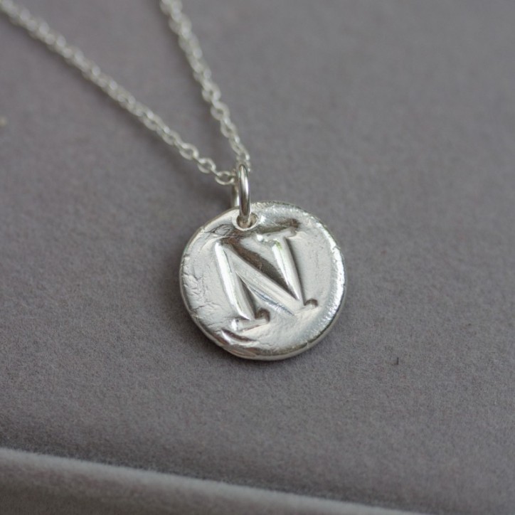 Initial necklace with a typewriter font initial, fine silver, uppercase Initial necklace with a typewriter font initial, fine silver, uppercase