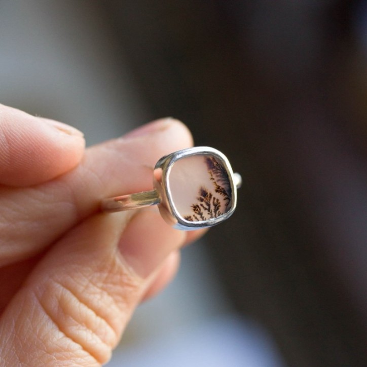 Dendritic agate ring, square, silver or gold