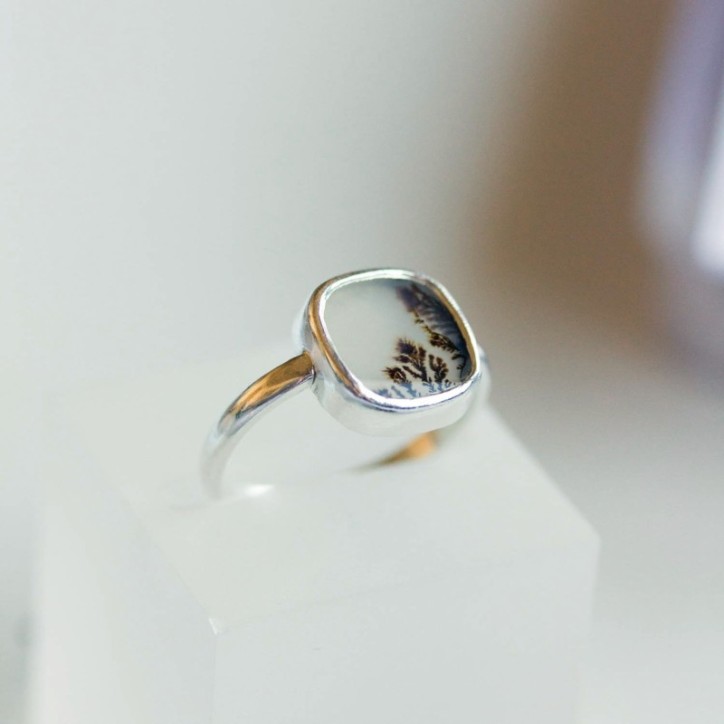 Dendritic agate ring, square, silver or gold