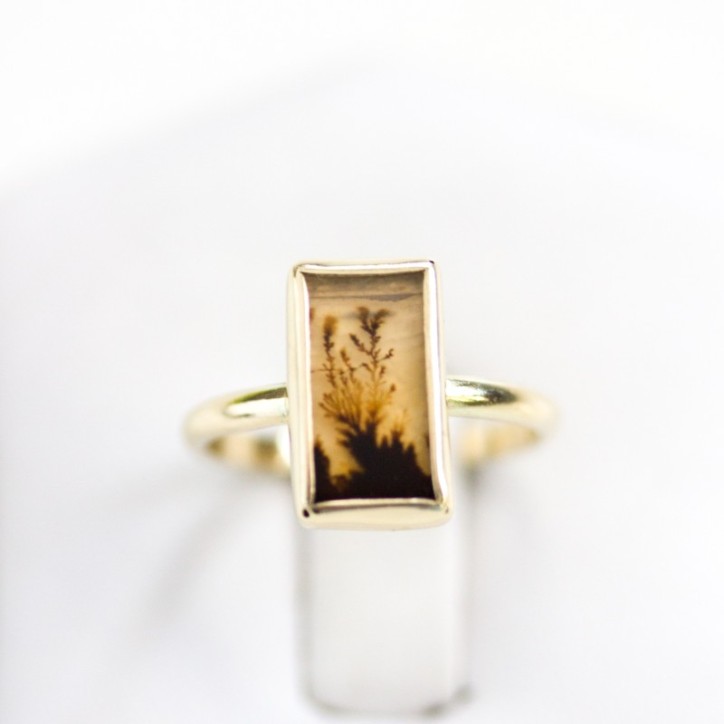 Dendritic agate ring, rectangular in gold