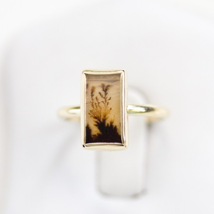 Dendritic agate ring, rectangular in gold