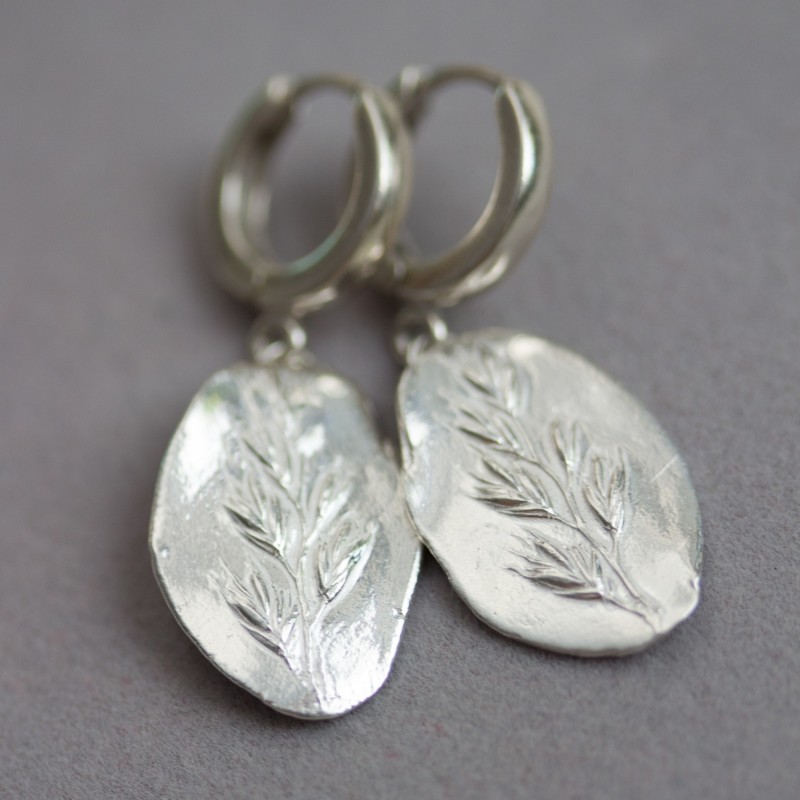 Earrings with grass spikelet impression, sterling and fine silver