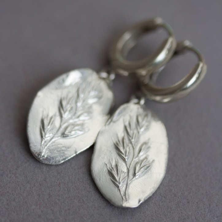 Earrings with grass spikelet impression, sterling and fine silver