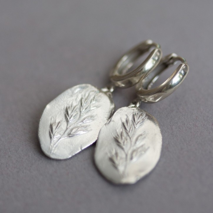 Earrings with grass spikelet impression, sterling and fine silver