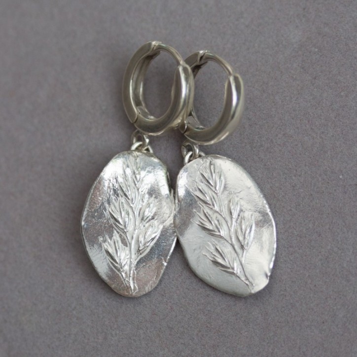Earrings with grass spikelet impression, sterling and fine silver