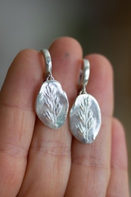 Earrings with grass spikelet impression, sterling and fine silver