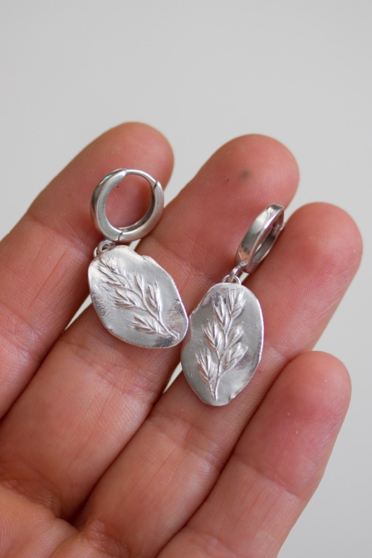 Earrings with grass spikelet impression, sterling and fine silver