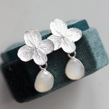 Moonstones and hydrangea bloom earrings in sterling and fine silver