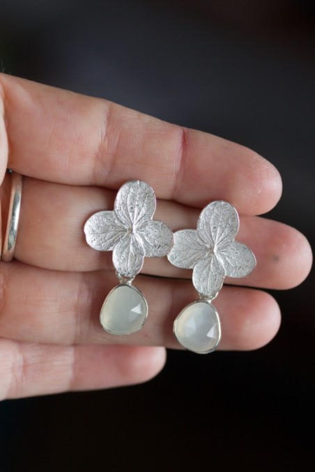 Moonstones and hydrangea bloom earrings in sterling and fine silver