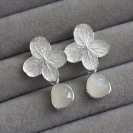 Moonstones and hydrangea bloom earrings in sterling and fine silver
