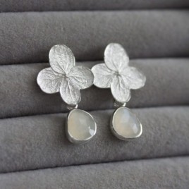 Moonstones and hydrangea bloom earrings in sterling and fine silver