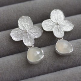 Moonstones and hydrangea bloom earrings in sterling and fine silver