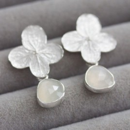 Moonstones and hydrangea bloom earrings in sterling and fine silver