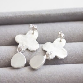 Moonstones and hydrangea bloom earrings in sterling and fine silver