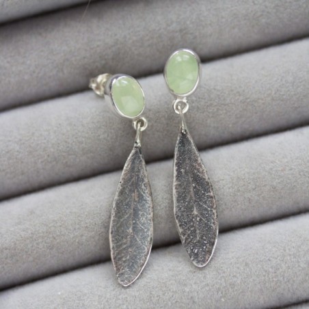 Prehnite and olive leaves earrings in sterling silver