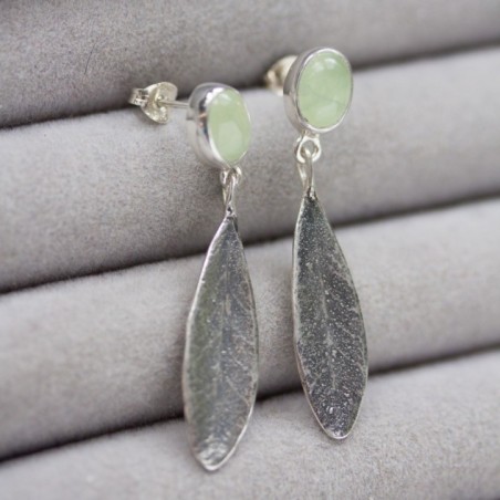 Prehnite and olive leaves earrings in sterling silver