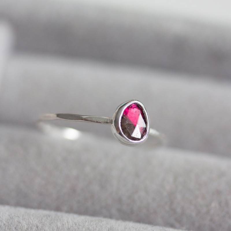 Bi-color Tourmaline ring - skinny stackable ring with pink-black stone