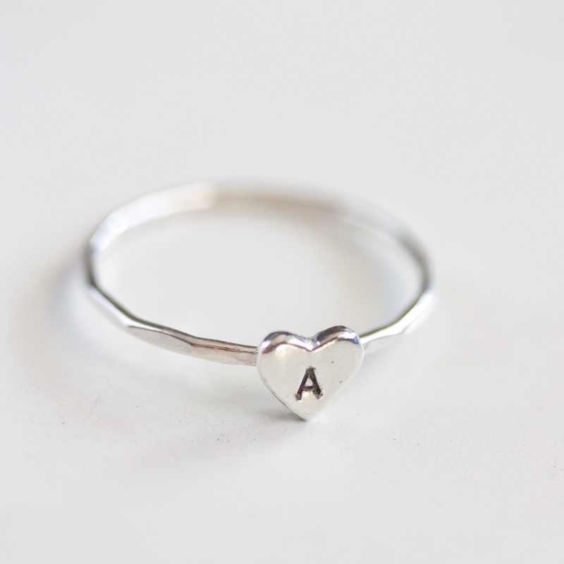 Initial ring with hand stamping in a heart