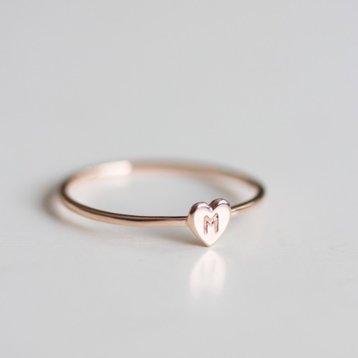 Initial ring with hand stamping in a heart