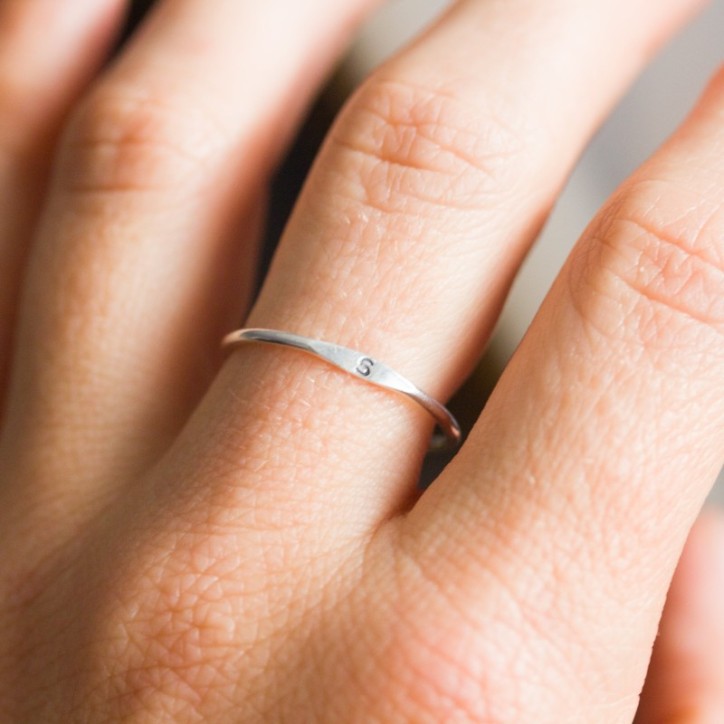 Monogram ring with hand stamped initial, stackable gold ring
