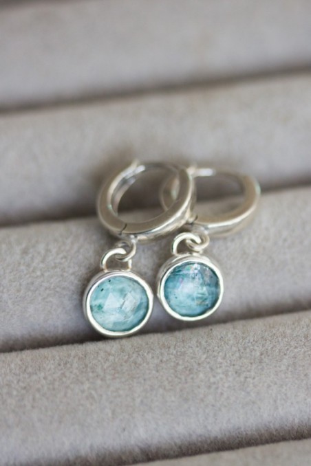 Huggie earrings with dangling blue kyanites in sterling silver
