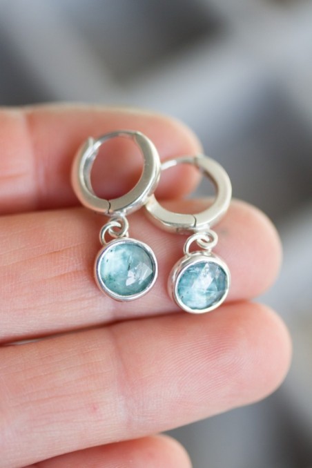 Huggie earrings with dangling blue kyanites in sterling silver